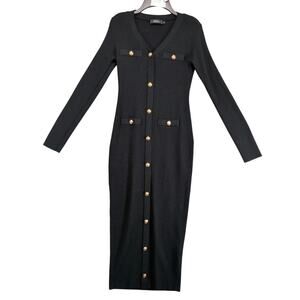 Mirol V-Neck Bodycon Ribbed Knit Sweater Midi Dress Sz S Gold Crest Buttons Chic